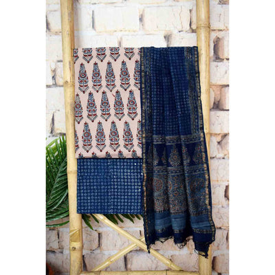 White Ajrakh Triple Block Cotton Suit with Maheshwari Dupatta - SSEthnics