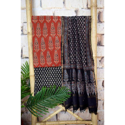 Madder Ajrakh Triple Block Cotton Suit with Maheshwari Dupatta - SSEthnics