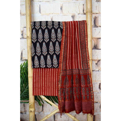 Black Ajrakh Triple Block Cotton Suit with Maheshwari Dupatta - SSEthnics