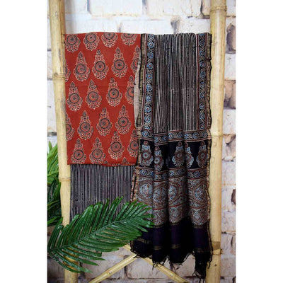 Madder Ajrakh Triple Block Cotton Suit with Maheshwari Dupatta - SSEthnics