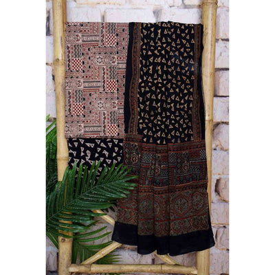 Brown Ajrakh Cotton Set with Viscose Georgette Dupatta - SSEthnics