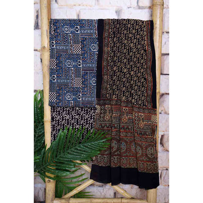 Blue Ajrakh Cotton Set with Viscose Georgette Dupatta - SSEthnics