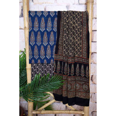 Blue Ajrakh Cotton Set with Viscose Georgette Dupatta - SSEthnics