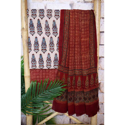 Cream Ajrakh Cotton Set with Viscose Georgette Dupatta - SSEthnics