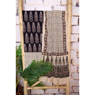 Black Ajrakh Cotton Set with Viscose Georgette Dupatta - SSEthnics
