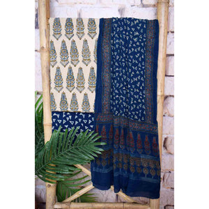 Cream Ajrakh Cotton Set with Viscose Georgette Dupatta - SSEthnics
