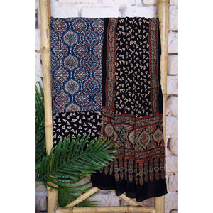 Blue Ajrakh Cotton Set with Viscose Georgette Dupatta - SSEthnics