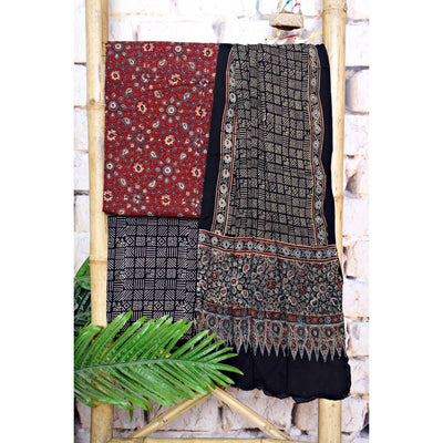 Madder Ajrakh Cotton Set with Viscose Georgette Dupatta - SSEthnics