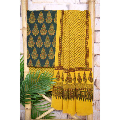 Green Ajrakh Cotton Set with Viscose Georgette Dupatta - SSEthnics