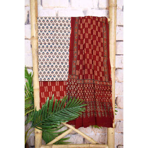Cream Ajrakh Cotton Set with Viscose Georgette Dupatta - SSEthnics