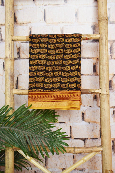 Black Pure Maheshwari Silk Bagh Unstitched Suit - SSEthnics