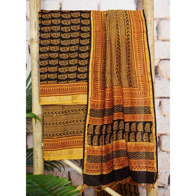 Black Pure Maheshwari Silk Bagh Unstitched Suit - SSEthnics