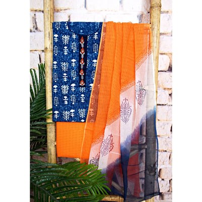 Indigo Dabu Unstitched Suit with Chiffon Dupatta - SSEthnics