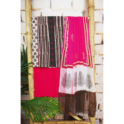 Pink Dabu Unstitched Suit with Chiffon Dupatta - SSEthnics