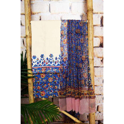 Cream Jaipuri Unstitched Suit with Chiffon Dupatta - SSEthnics