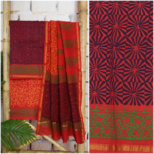 Red Chanderi Silk Handblock Print Unstitched Suit - SSEthnics