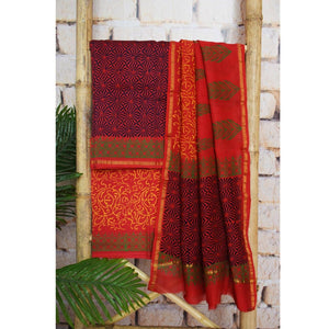 Red Chanderi Silk Handblock Print Unstitched Suit - SSEthnics