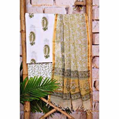 White Jaipuri Block Print Set with Kota Dupatta - SSEthnics