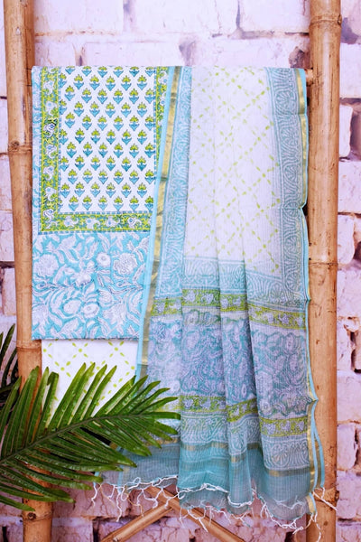 Blue Jaipuri Block Print Suit with Kota Dupatta