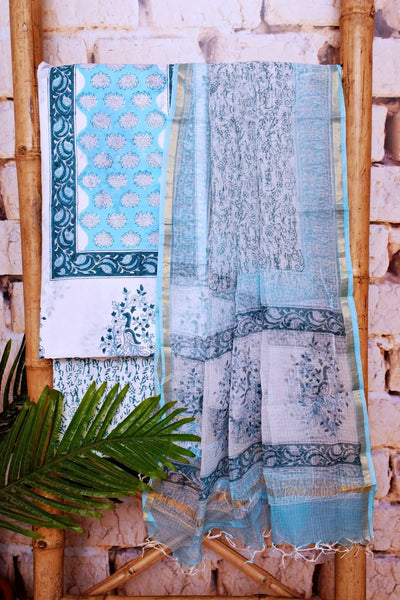 White Jaipuri Block Print Suit with Kota Dupatta