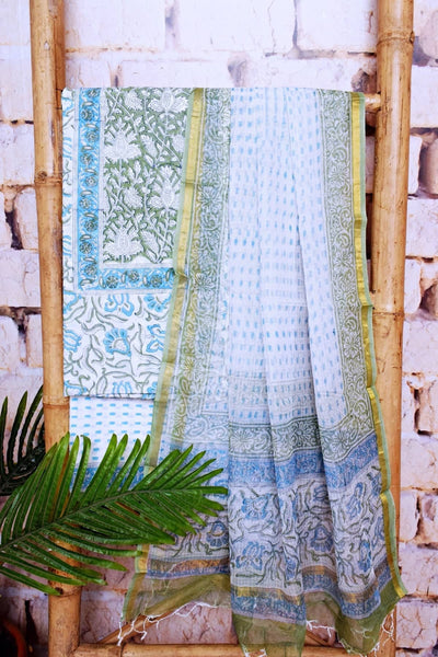 White Jaipuri Block Print Suit with Kota Dupatta
