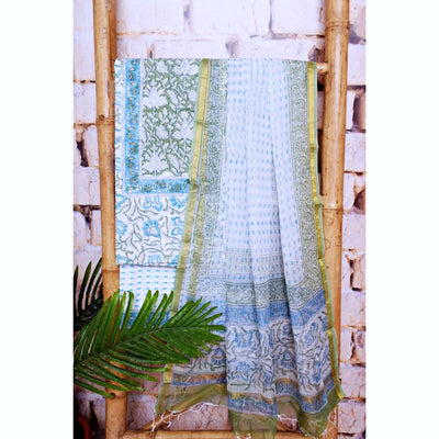 White Jaipuri Block Print Suit with Kota Dupatta