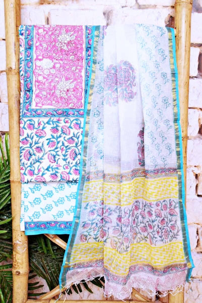 White Jaipuri Block Print Suit with Kota Dupatta