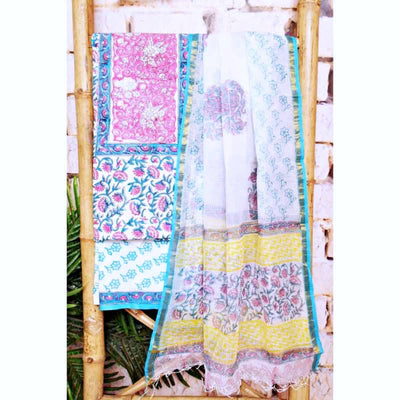 White Jaipuri Block Print Suit with Kota Dupatta