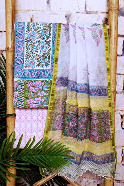 Green Jaipuri Block Print Suit with Kota Dupatta
