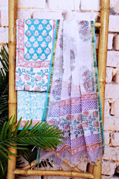 White Jaipuri Block Print Suit with Kota Dupatta