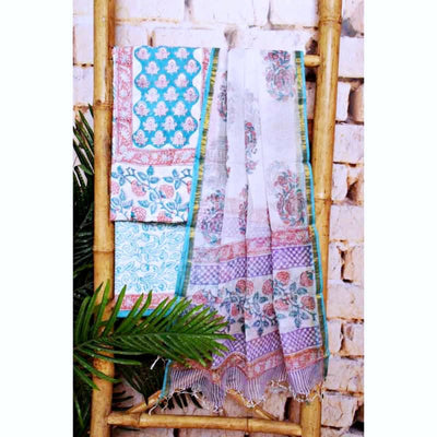 White Jaipuri Block Print Suit with Kota Dupatta