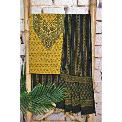 Yellow Ajrakh Cotton Suit with Neck Yoke - SSEthnics