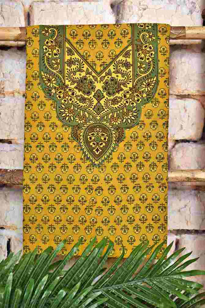 Yellow Ajrakh Cotton Suit with Neck Yoke - SSEthnics