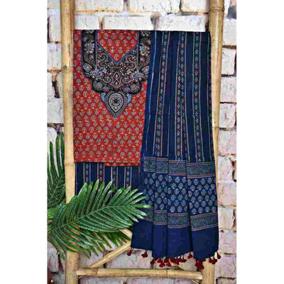Madder Ajrakh Cotton Suit with Neck Yoke - SSEthnics