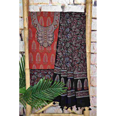 Madder Ajrakh Cotton Suit with Neck Yoke - SSEthnics