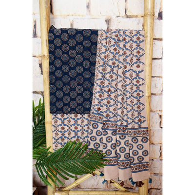 Blue Ajrakh Cotton Triple Block Suit - SSEthnics