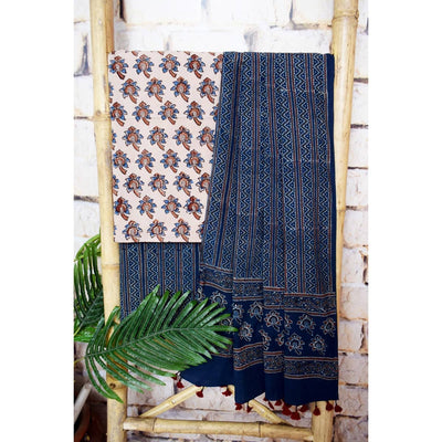 White Ajrakh Cotton Triple Block Suits - SSEthnics