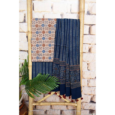 White Ajrakh Cotton Triple Block Suit - SSEthnics