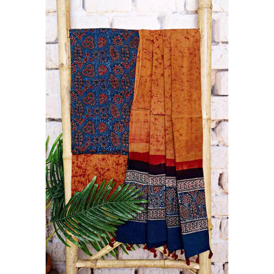 Blue-Orange Ajrakh with Batik Unstitched Suit - SSEthnics