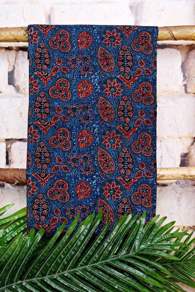 Blue-Orange Ajrakh with Batik Unstitched Suit - SSEthnics