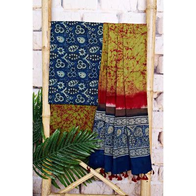 Blue-Green Ajrakh with Batik Unstitched Suit - SSEthnics