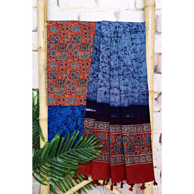 Madder-Blue Ajrakh with Batik Unstitched Suit - SSEthnics