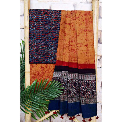 Blue-Orange Ajrakh with Batik Unstitched Suit - SSEthnics