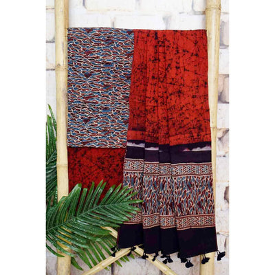 Black-Red Ajrakh with Batik Unstitched Suit - SSEthnics