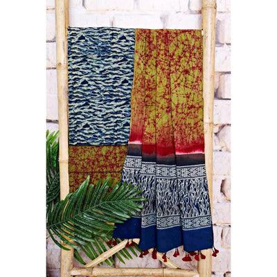 Blue-Green Ajrakh with Batik Unstitched Suit - SSEthnics