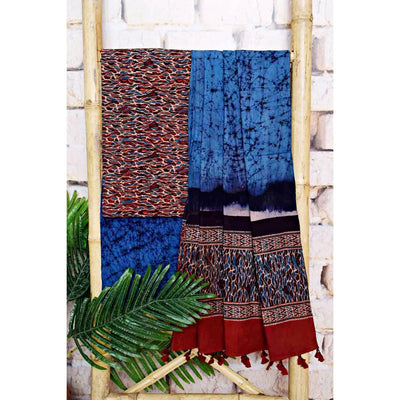 Madder-Blue Ajrakh with Batik Unstitched Suit - SSEthnics
