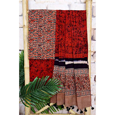 Brown-Red Ajrakh with Batik Unstitched Suit - SSEthnics