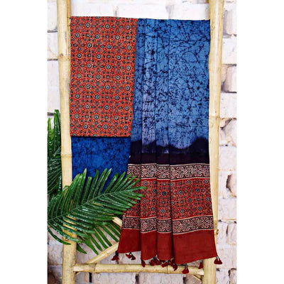Madder-Blue Ajrakh with Batik Unstitched Suit - SSEthnics