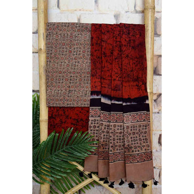 Brown-Red Ajrakh with Batik Unstitched Suit - SSEthnics