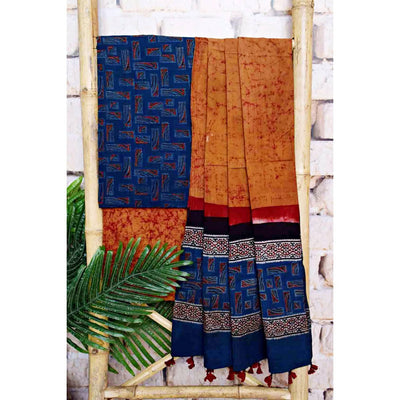 Blue-Orange Ajrakh with Batik Unstitched Suit - SSEthnics